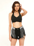 Short en jean noir taille haute avec chaîne décorative