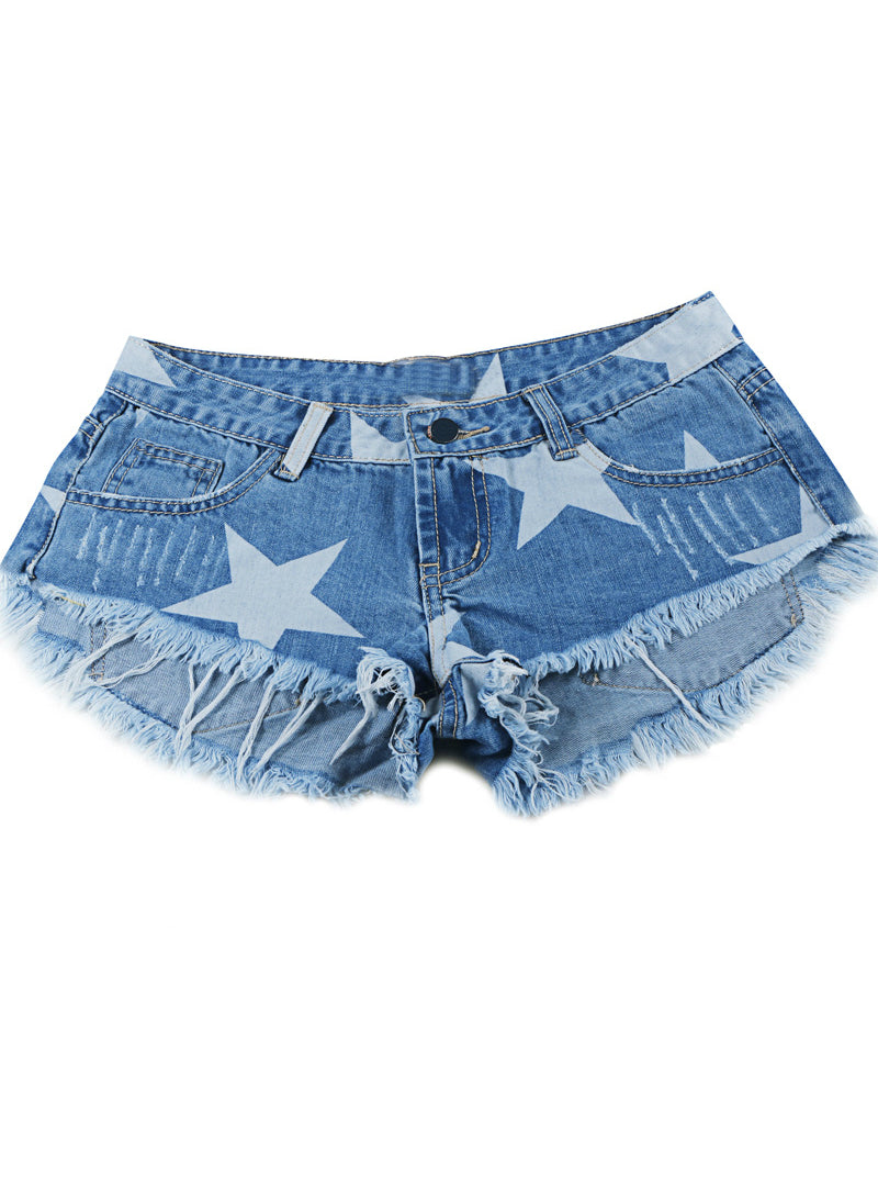 Short en jean femme imprimé étoiles avec franges