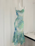 Robe évasée à bretelles fines avec imprimé aquarelle